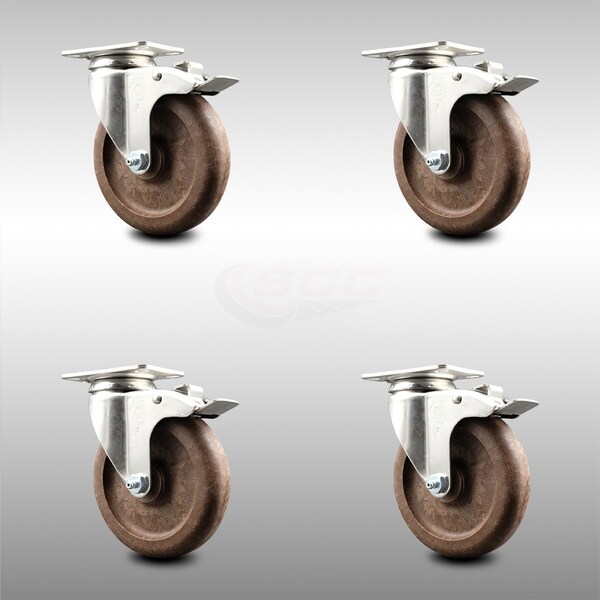 5 Inch 316SS High Temp Glass Filled Nylon Top Plate Caster Set Total Lock Brake